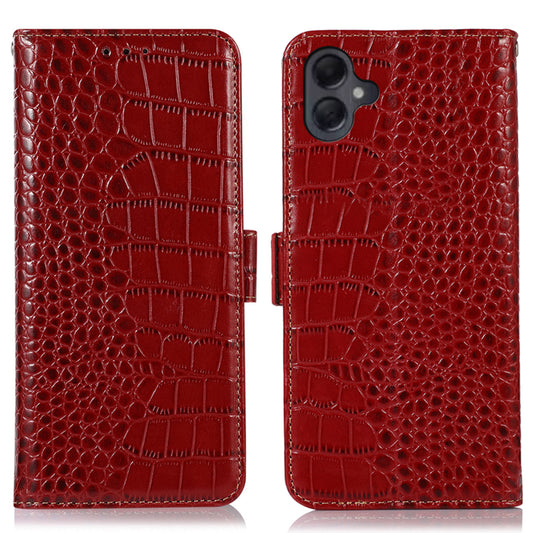 For Samsung Galaxy A06 Case Crocodile Texture Genuine Cow Leather Phone Wallet Cover - Red