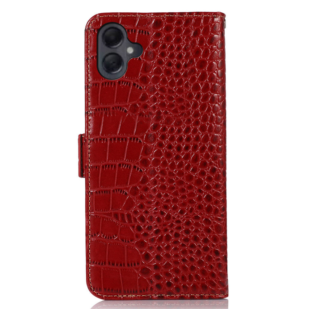For Samsung Galaxy A06 Case Crocodile Texture Genuine Cow Leather Phone Wallet Cover - Red