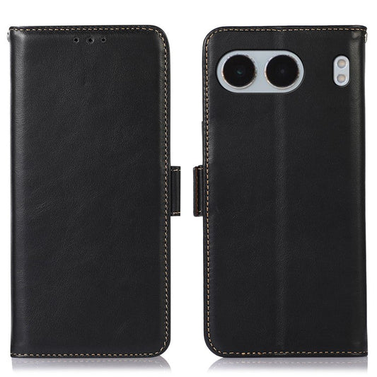 For OnePlus Nord 4 Case RFID Blocking Genuine Cow Leather Wallet Phone Cover - Black