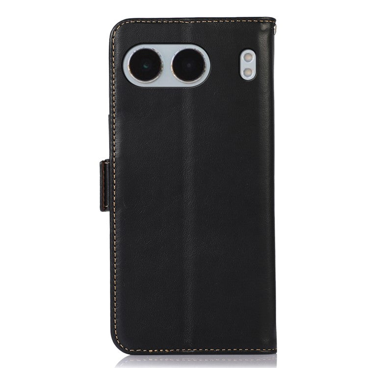 For OnePlus Nord 4 Case RFID Blocking Genuine Cow Leather Wallet Phone Cover - Black