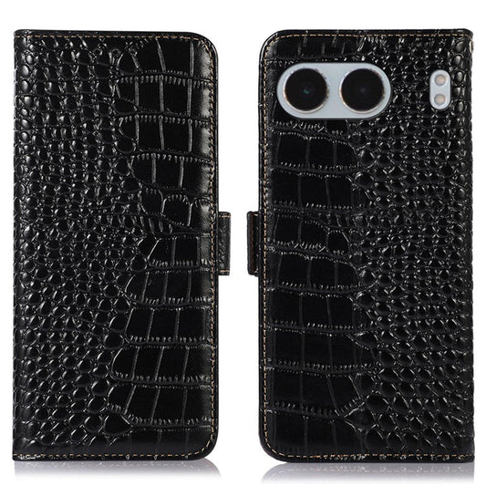For OnePlus Nord 4 Case Crocodile Texture Genuine Cow Leather Phone Wallet Cover - Black