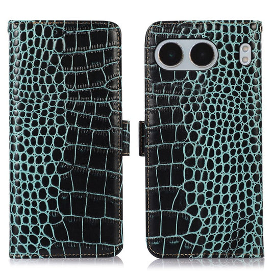 For OnePlus Nord 4 Case Crocodile Texture Genuine Cow Leather Phone Wallet Cover - Green