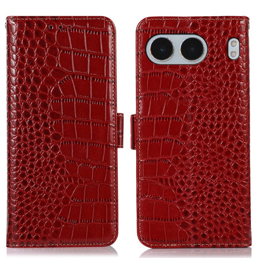 For OnePlus Nord 4 Case Crocodile Texture Genuine Cow Leather Phone Wallet Cover - Red