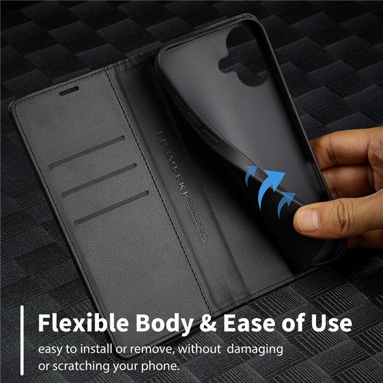 LC.IMEEKE For iPhone 16 Case Carbon Fiber Texture Phone Cover Stand Card Holder - Vertical Stripe