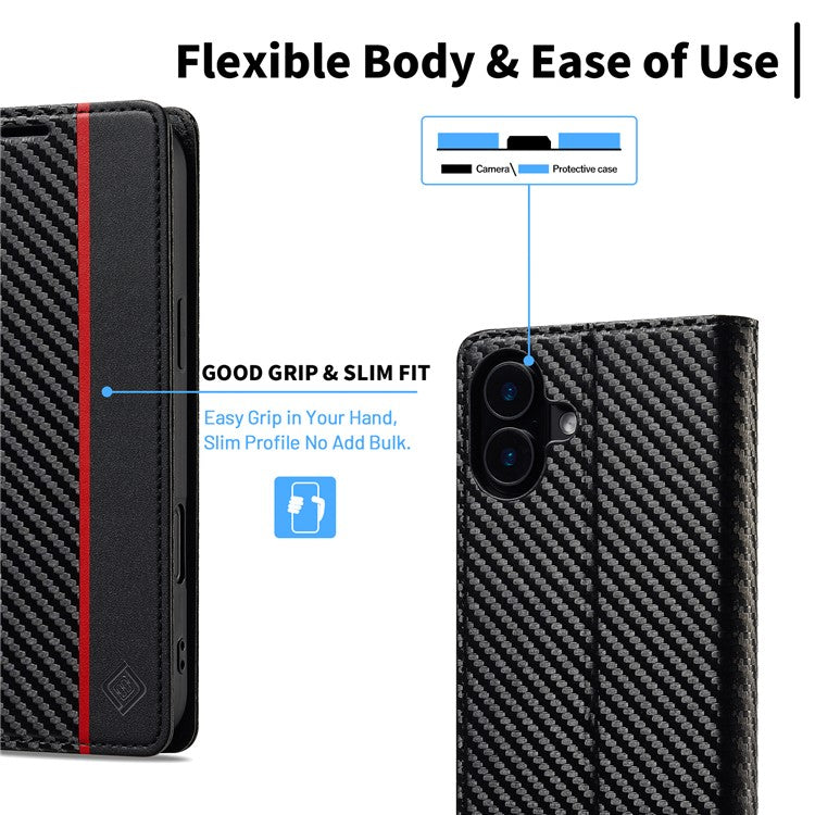 LC.IMEEKE For iPhone 16 Case Carbon Fiber Texture Phone Cover Stand Card Holder - Vertical Stripe