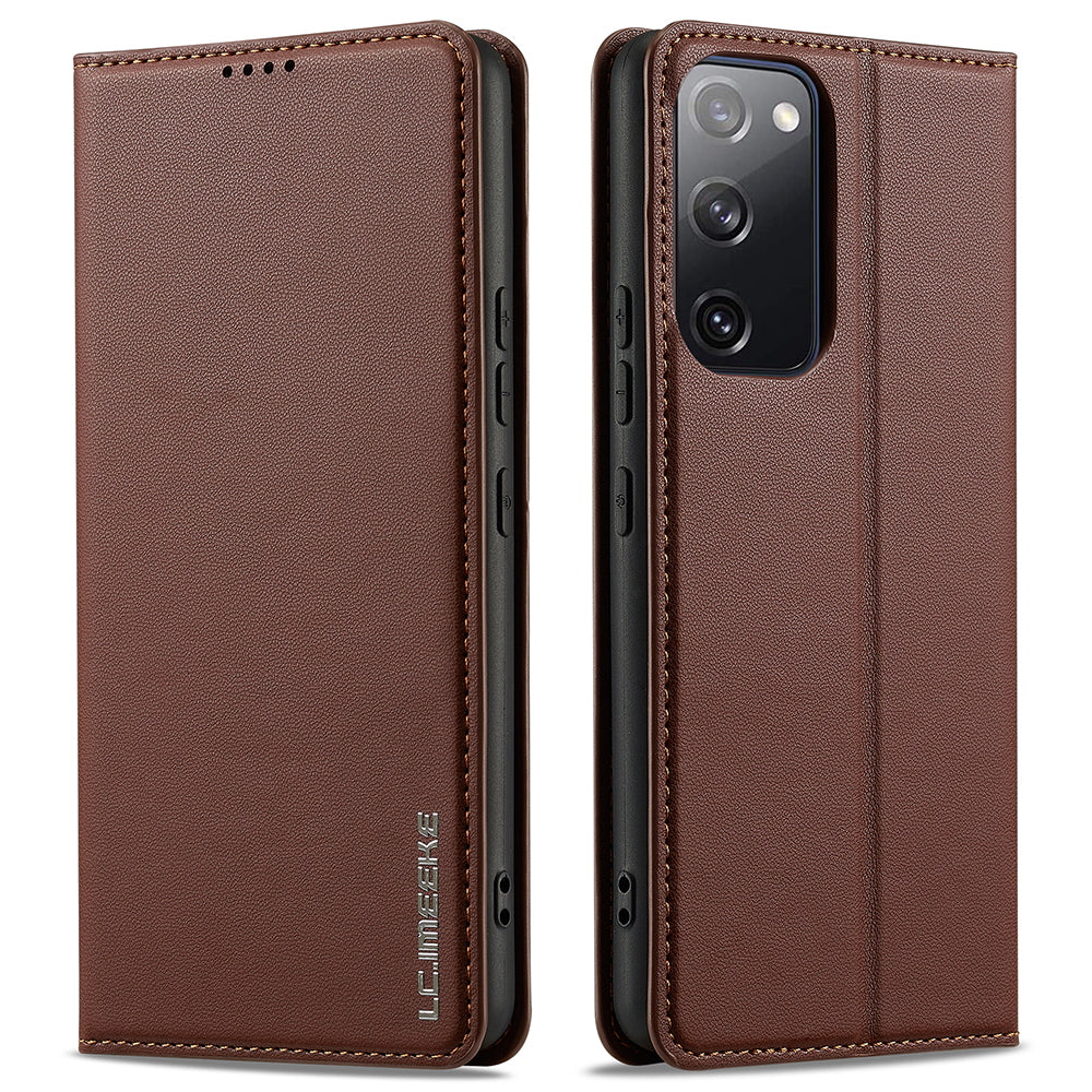 LC.IMEEKE L1 Series for Samsung Galaxy S20 FE 2022 / S20 FE 5G / S20 FE / S20 Lite Case Leather Wallet Stand Phone Cover - Brown