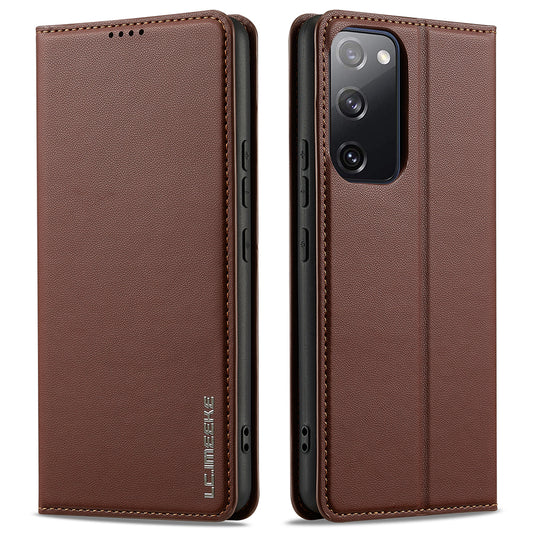 LC.IMEEKE L1 Series for Samsung Galaxy S20 FE 2022 / S20 FE 5G / S20 FE / S20 Lite Case Leather Wallet Stand Phone Cover - Brown