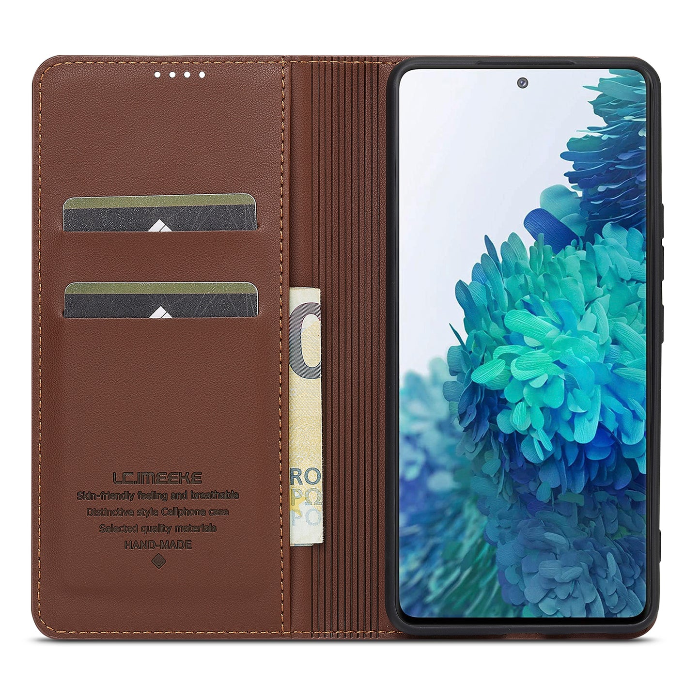 LC.IMEEKE L1 Series for Samsung Galaxy S20 FE 2022 / S20 FE 5G / S20 FE / S20 Lite Case Leather Wallet Stand Phone Cover - Brown