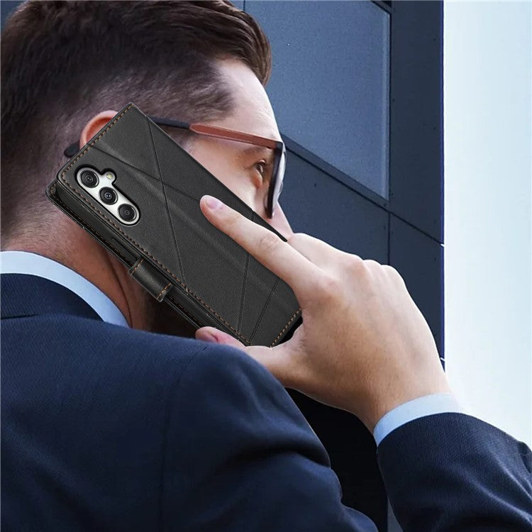 DF-06 For Samsung Galaxy M35 5G Phone Case Line Imprint Leather Wallet Cover - Black