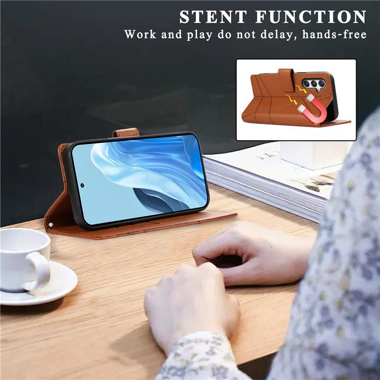 DF-06 For Samsung Galaxy M35 5G Phone Case Line Imprint Leather Wallet Cover - Brown