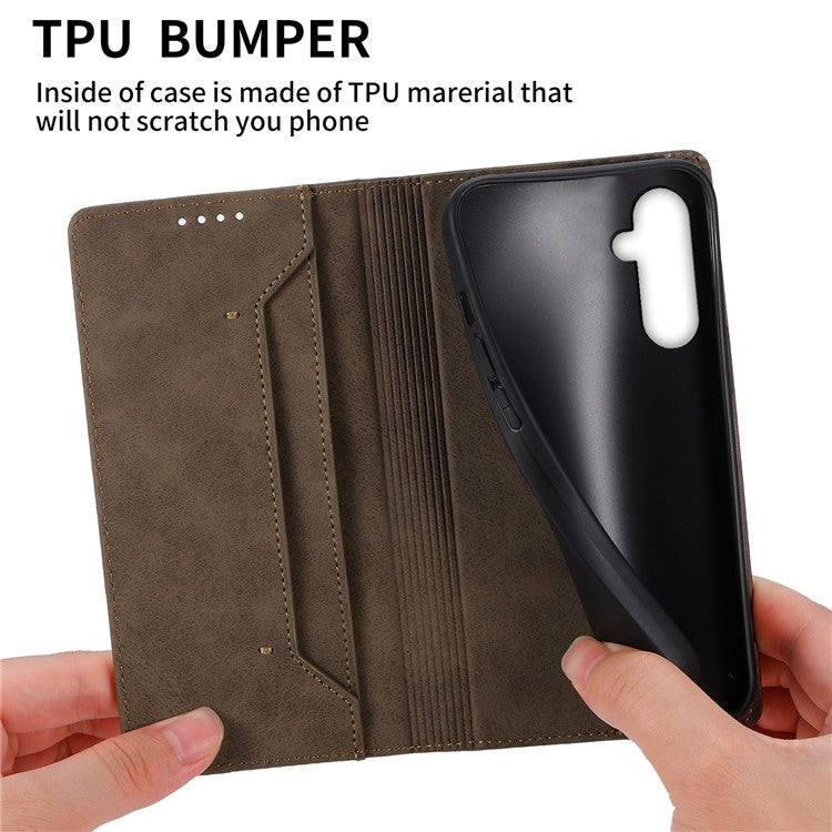DF-05 For Samsung Galaxy M35 5G Wallet Case RFID Blocking PU Leather Phone Cover - Brown