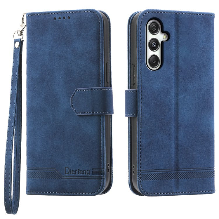 DIERFENG DF-03 For Samsung Galaxy M35 5G Leather Case Lines Imprint Wallet Phone Cover - Blue