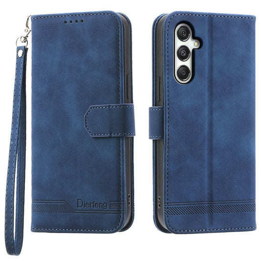 DIERFENG DF-03 For Samsung Galaxy M35 5G Leather Case Lines Imprint Wallet Phone Cover - Blue