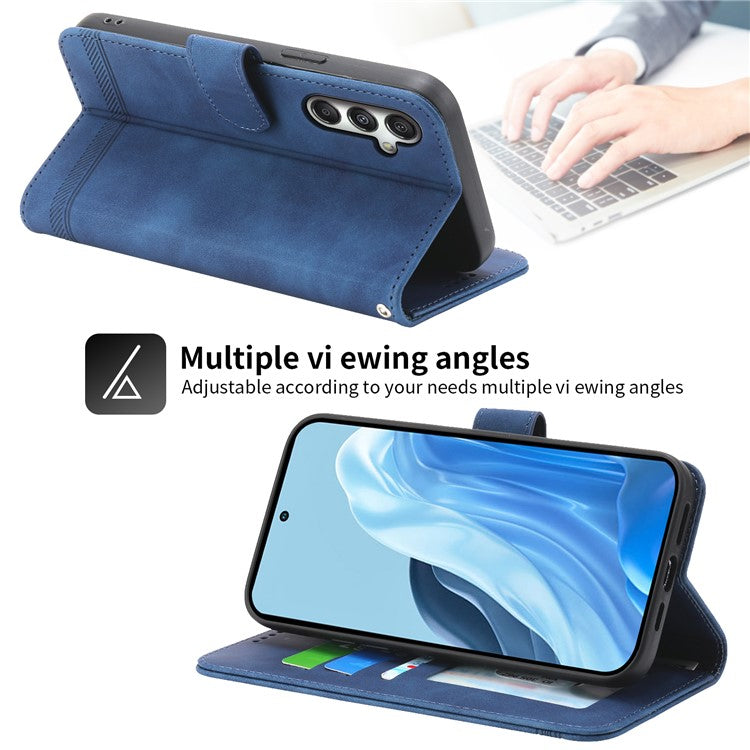 DIERFENG DF-03 For Samsung Galaxy M35 5G Leather Case Lines Imprint Wallet Phone Cover - Blue