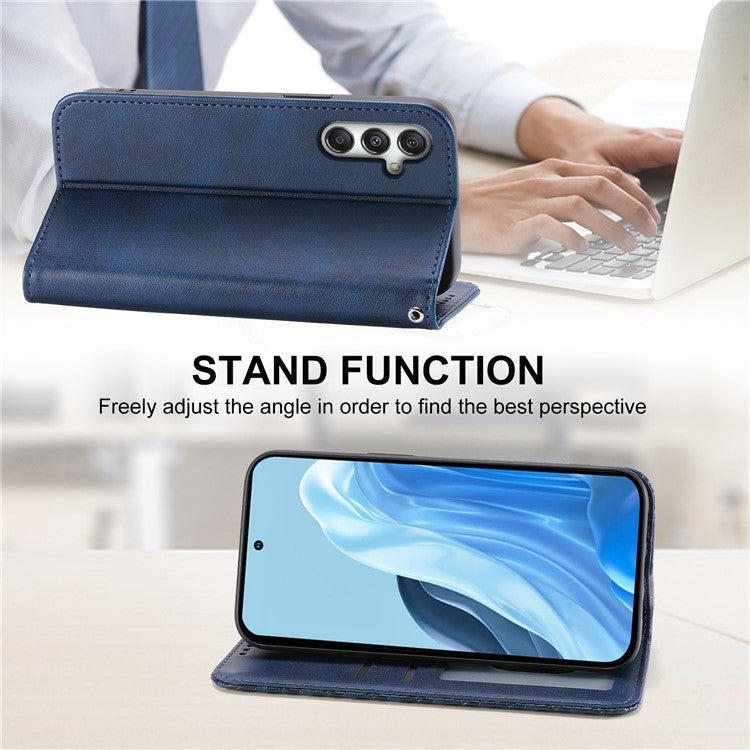 For Samsung Galaxy M35 5G Case Calf Texture PU Leather Phone Cover with Wallet - Blue
