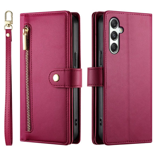 DF-011 For Samsung Galaxy M35 5G Case Zipper Pocket Wallet Leather Phone Cover with Straps - Red