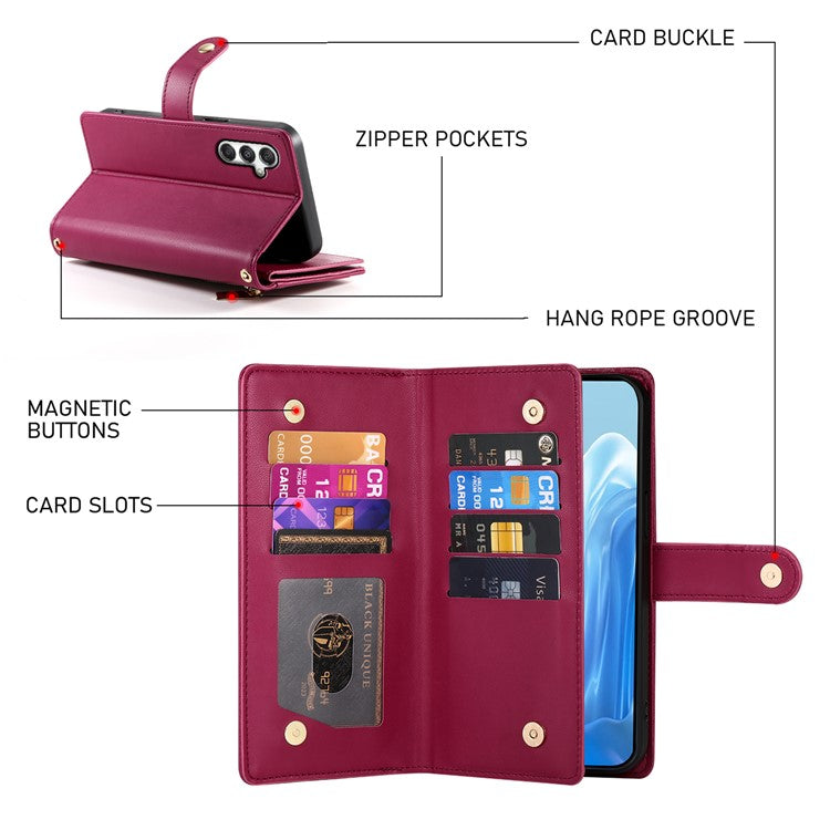 DF-011 For Samsung Galaxy M35 5G Case Zipper Pocket Wallet Leather Phone Cover with Straps - Red