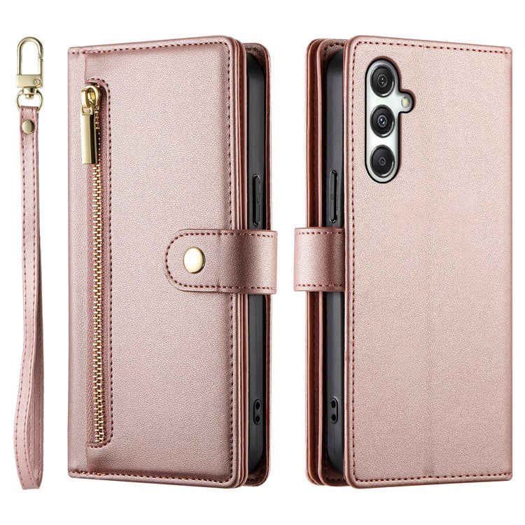DF-011 For Samsung Galaxy M35 5G Case Zipper Pocket Wallet Leather Phone Cover with Straps - Pink