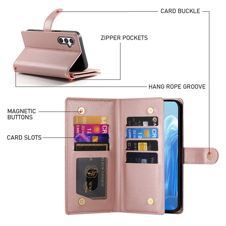 DF-011 For Samsung Galaxy M35 5G Case Zipper Pocket Wallet Leather Phone Cover with Straps - Pink