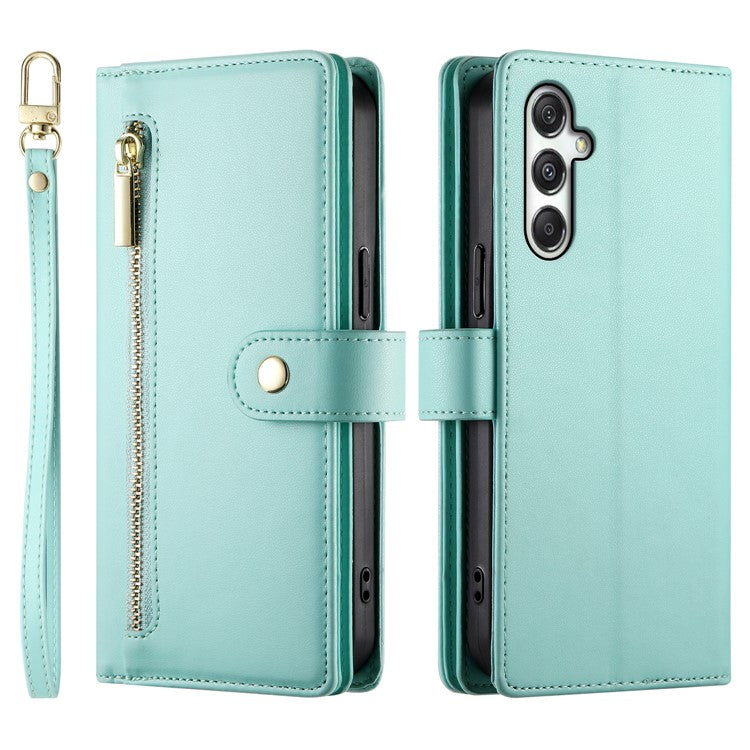 DF-011 For Samsung Galaxy M35 5G Case Zipper Pocket Wallet Leather Phone Cover with Straps - Mint Green