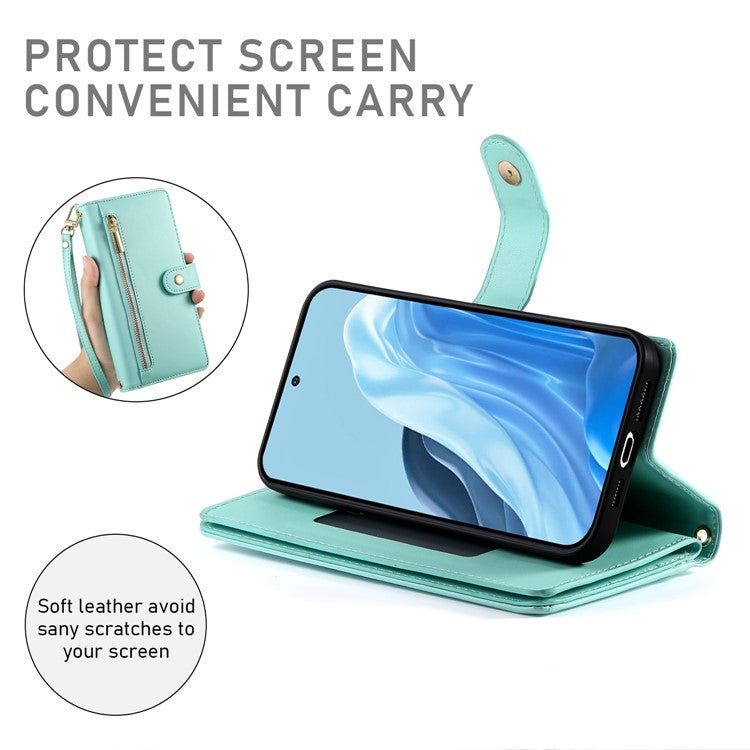 DF-011 For Samsung Galaxy M35 5G Case Zipper Pocket Wallet Leather Phone Cover with Straps - Mint Green