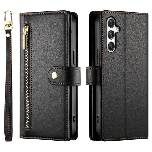 DF-011 For Samsung Galaxy M35 5G Case Zipper Pocket Wallet Leather Phone Cover with Straps - Black