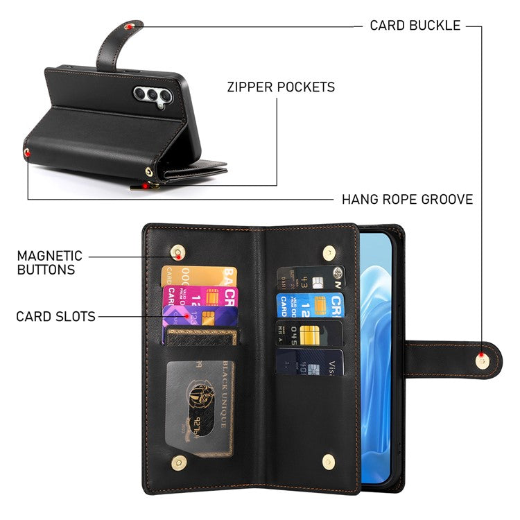 DF-011 For Samsung Galaxy M35 5G Case Zipper Pocket Wallet Leather Phone Cover with Straps - Black