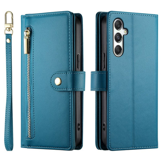 DF-011 For Samsung Galaxy M35 5G Case Zipper Pocket Wallet Leather Phone Cover with Straps - Blue