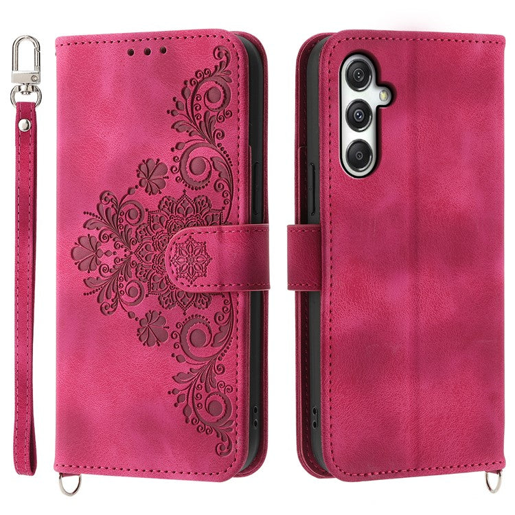 For Samsung Galaxy M35 5G Case Flower Pattern PU Leather Wallet Phone Cover with Strap - Wine Red