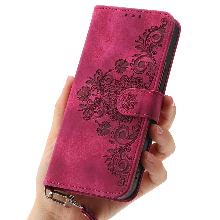 For Samsung Galaxy M35 5G Case Flower Pattern PU Leather Wallet Phone Cover with Strap - Wine Red