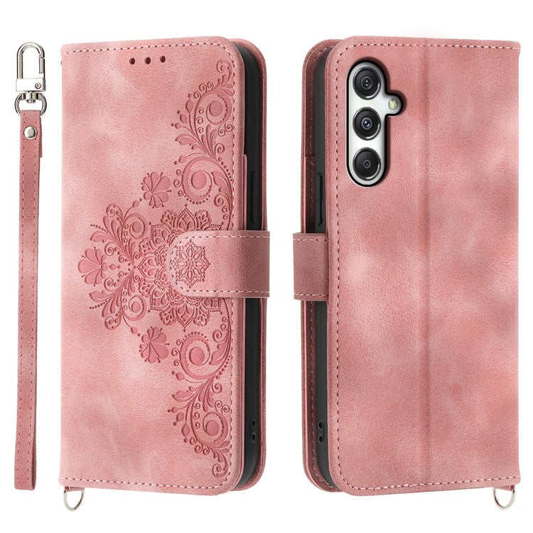 For Samsung Galaxy M35 5G Case Flower Pattern PU Leather Wallet Phone Cover with Strap - Pink