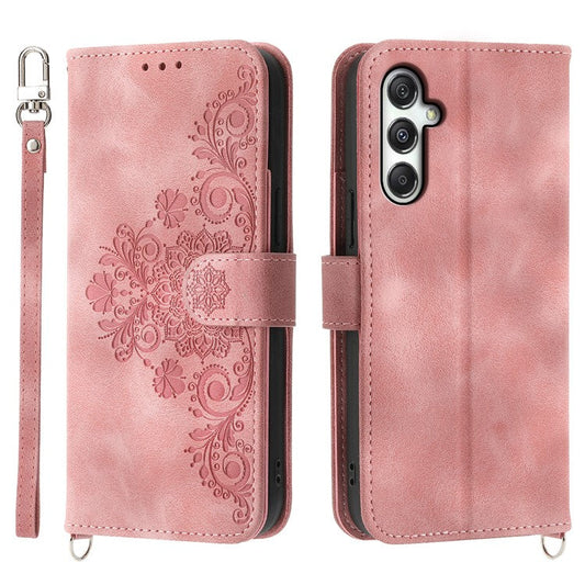 For Samsung Galaxy M35 5G Case Flower Pattern PU Leather Wallet Phone Cover with Strap - Pink
