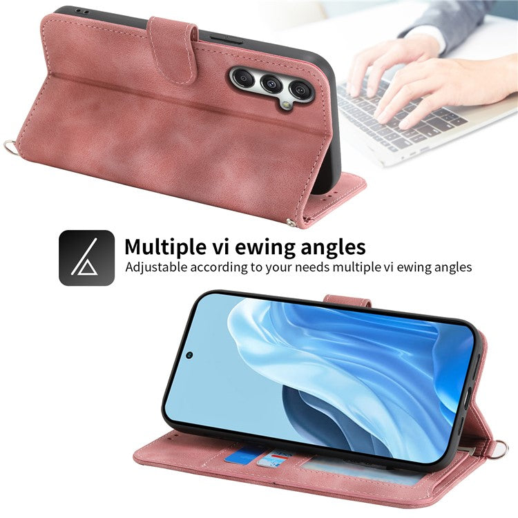 For Samsung Galaxy M35 5G Case Flower Pattern PU Leather Wallet Phone Cover with Strap - Pink