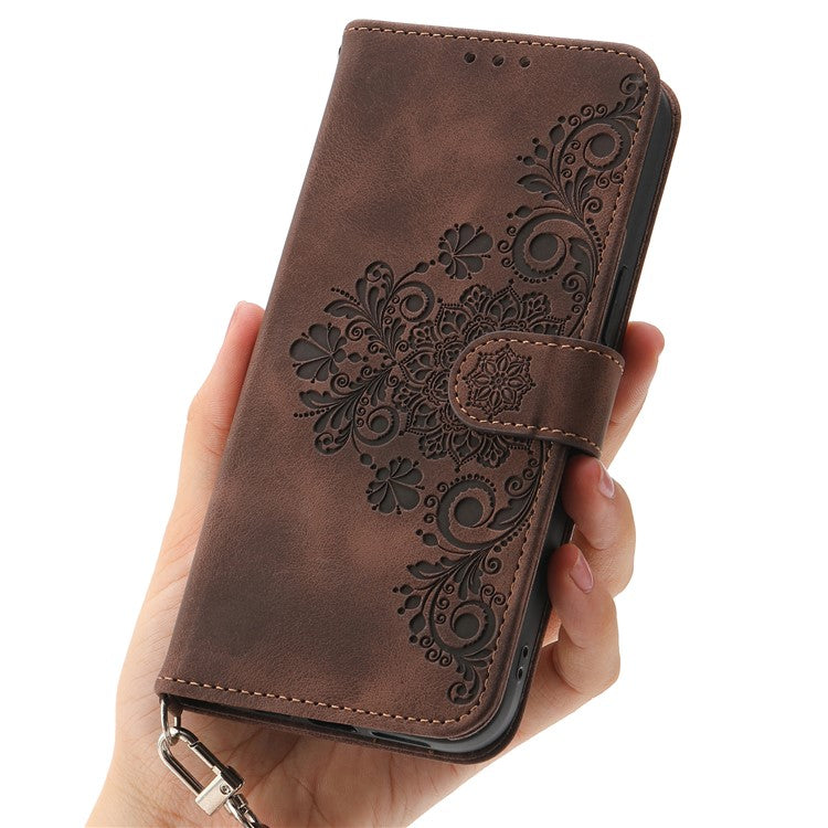 For Samsung Galaxy M35 5G Case Flower Pattern PU Leather Wallet Phone Cover with Strap - Brown