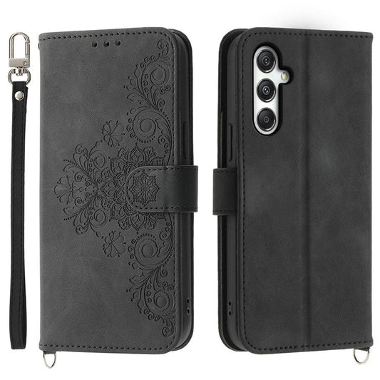 For Samsung Galaxy M35 5G Case Flower Pattern PU Leather Wallet Phone Cover with Strap - Black