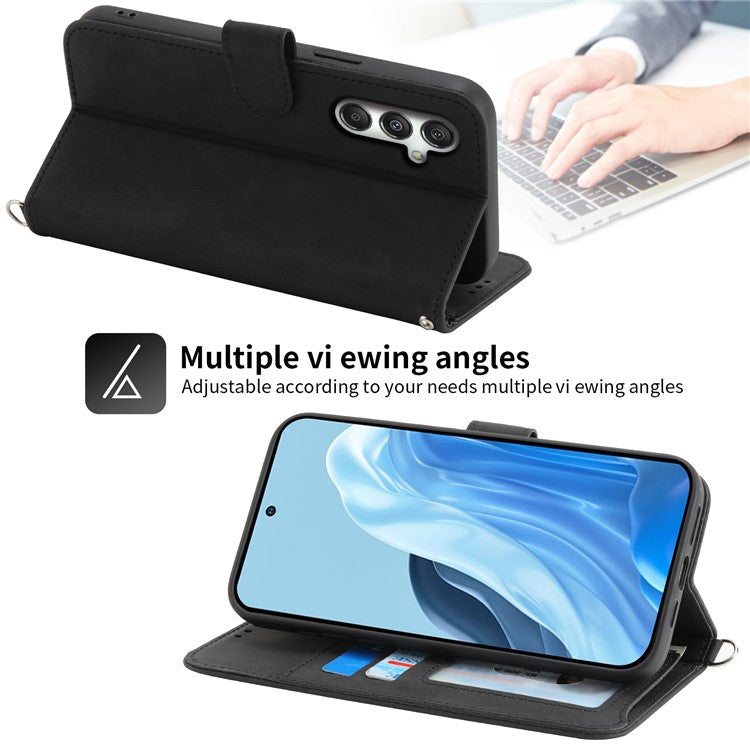 For Samsung Galaxy M35 5G Case Flower Pattern PU Leather Wallet Phone Cover with Strap - Black