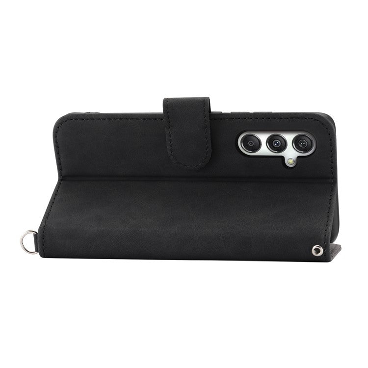 For Samsung Galaxy M35 5G Case Flower Pattern PU Leather Wallet Phone Cover with Strap - Black