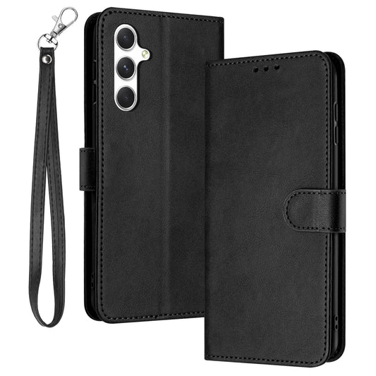 For Samsung Galaxy A16 5G / A16 4G Case Flip Stand PU Leather Wallet Phone Cover Calf Texture - Black