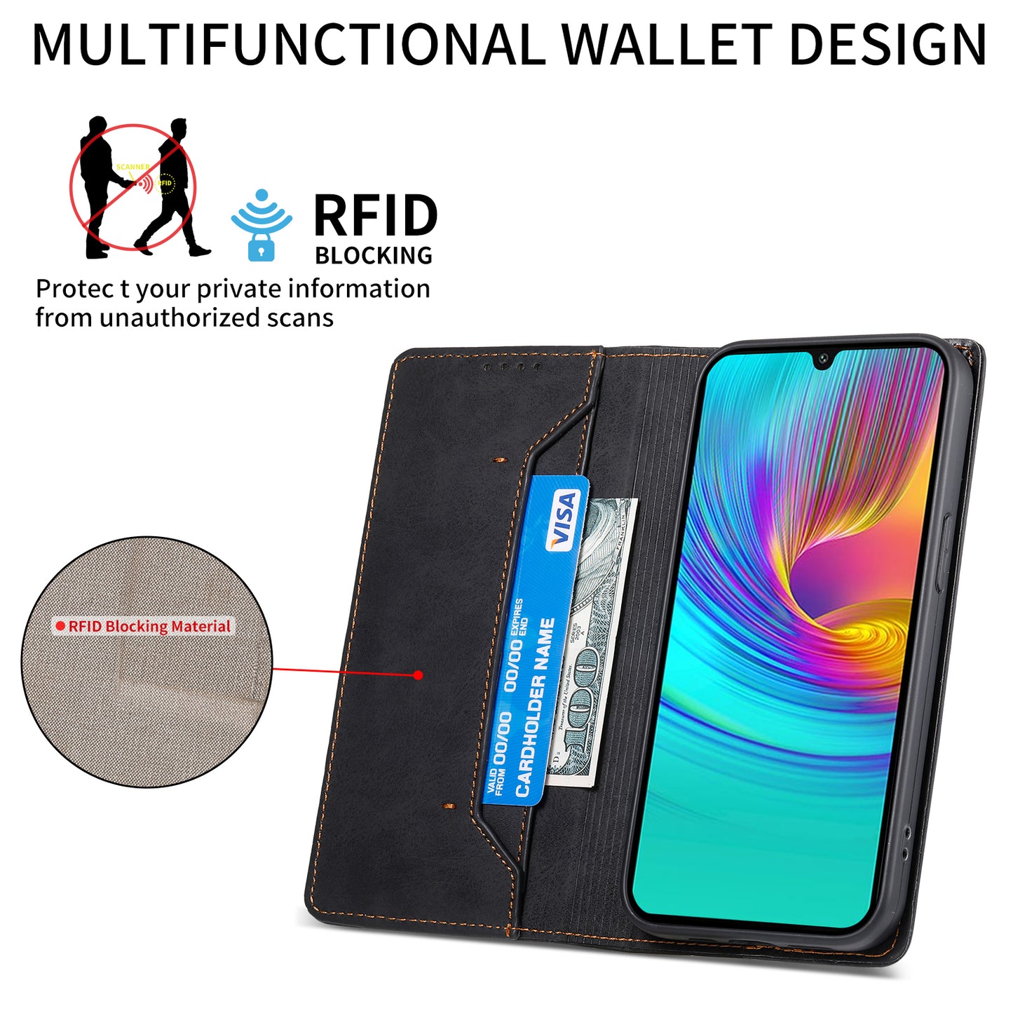 DF-05 For Samsung Galaxy A16 5G / A16 4G Wallet Case RFID Blocking PU Leather Phone Cover - Black