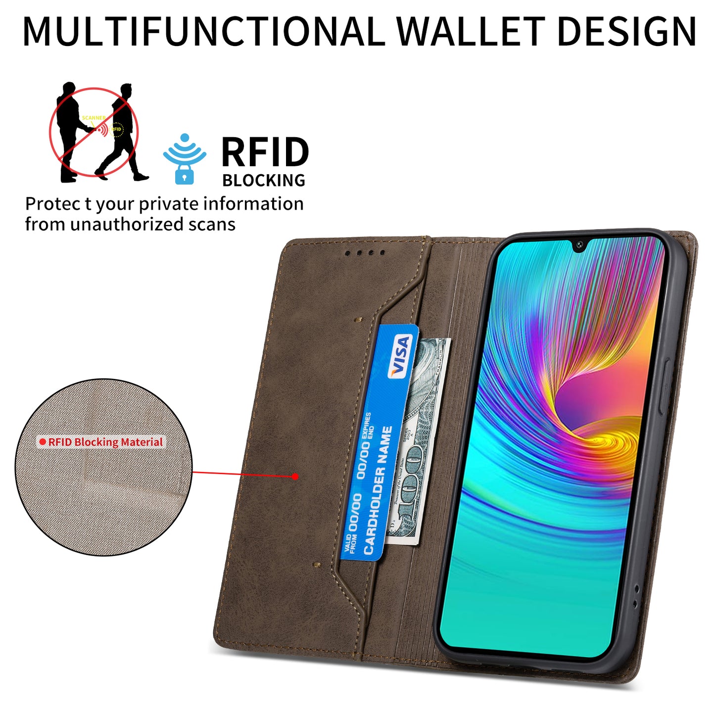DF-05 For Samsung Galaxy A16 5G / A16 4G Wallet Case RFID Blocking PU Leather Phone Cover - Brown