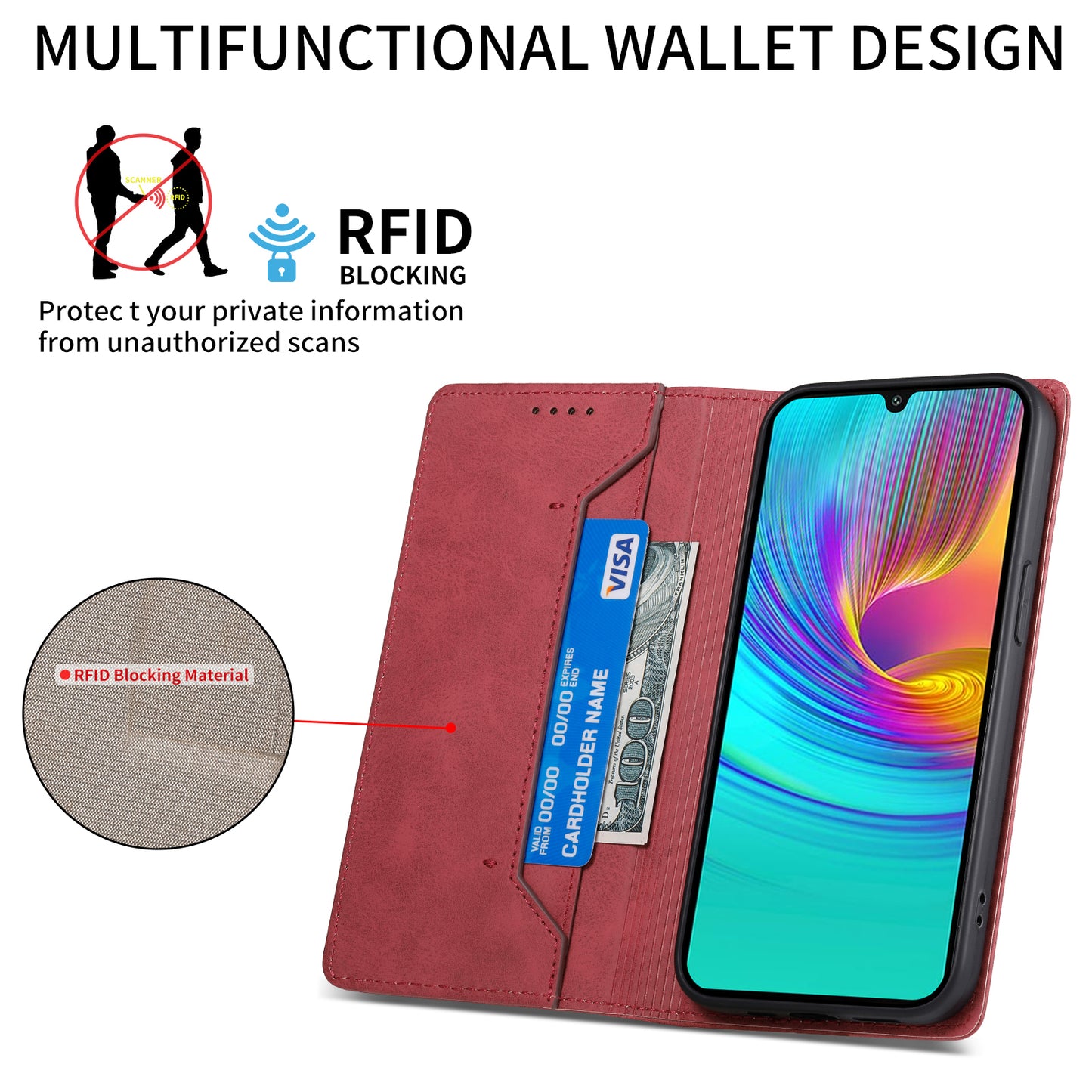 DF-05 For Samsung Galaxy A16 5G / A16 4G Wallet Case RFID Blocking PU Leather Phone Cover - Red