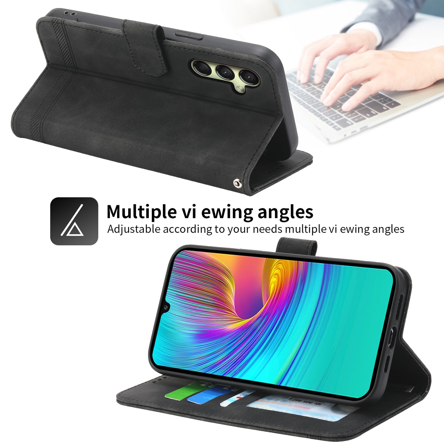 DIERFENG DF-03 For Samsung Galaxy A16 5G / A16 4G Leather Case Lines Imprint Wallet Phone Cover - Black