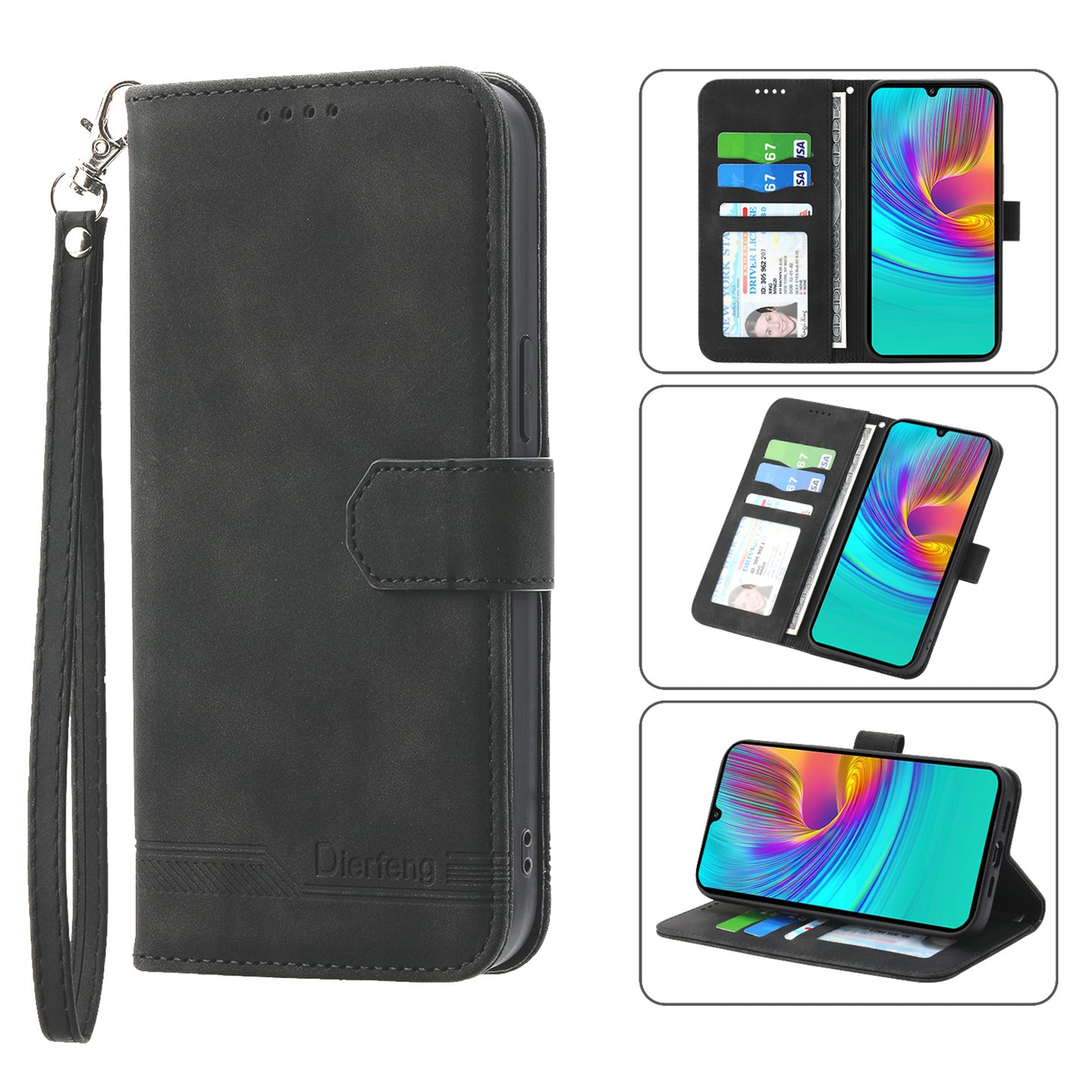 DIERFENG DF-03 For Samsung Galaxy A16 5G / A16 4G Leather Case Lines Imprint Wallet Phone Cover - Black