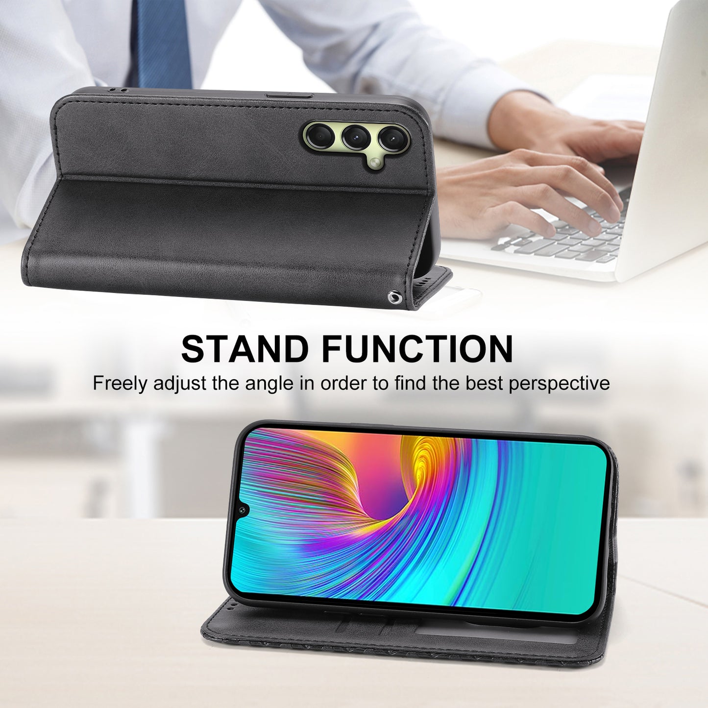 For Samsung Galaxy A16 5G / A16 4G Case Calf Texture PU Leather Phone Cover with Wallet - Black