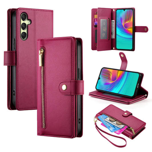 DF-011 For Samsung Galaxy A16 5G / A16 4G Case Zipper Pocket Wallet Leather Phone Cover with Straps - Red