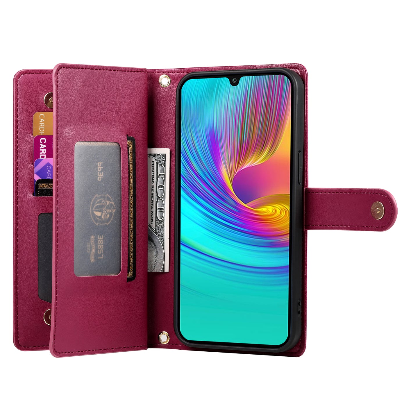 DF-011 For Samsung Galaxy A16 5G / A16 4G Case Zipper Pocket Wallet Leather Phone Cover with Straps - Red