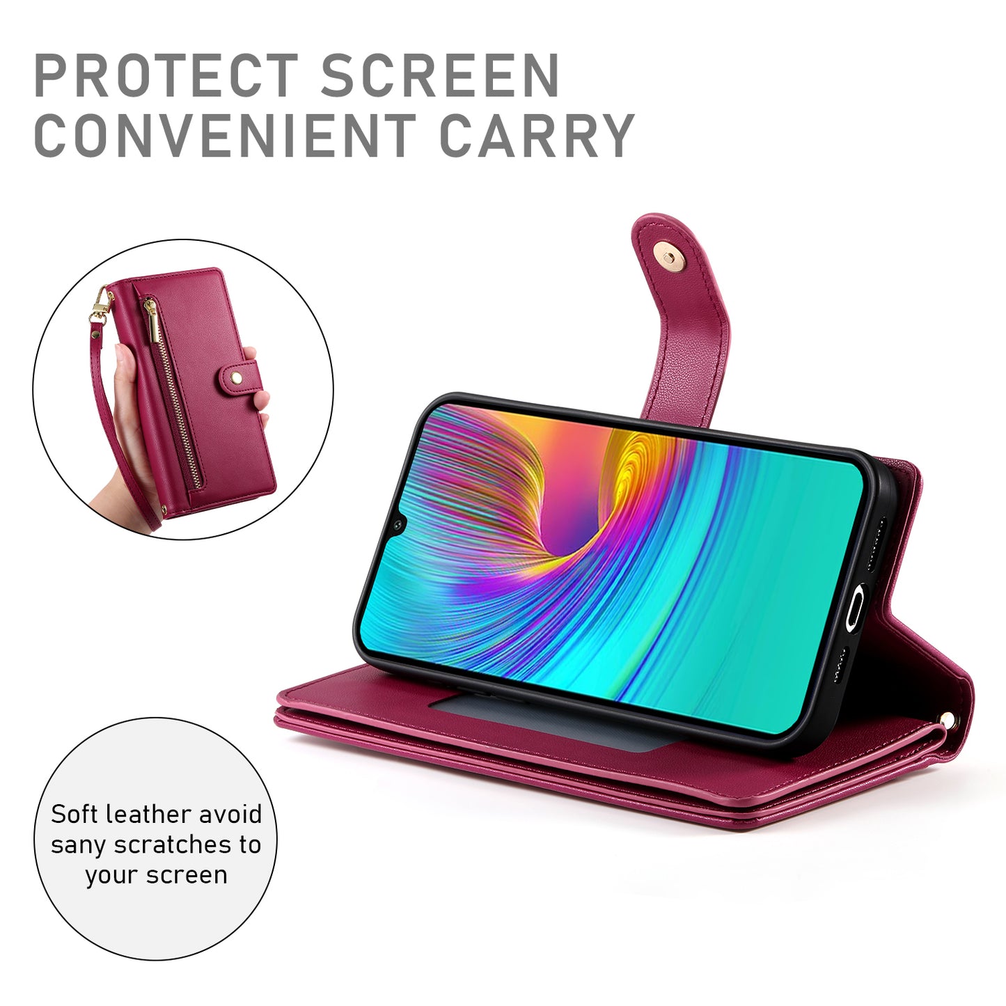 DF-011 For Samsung Galaxy A16 5G / A16 4G Case Zipper Pocket Wallet Leather Phone Cover with Straps - Red