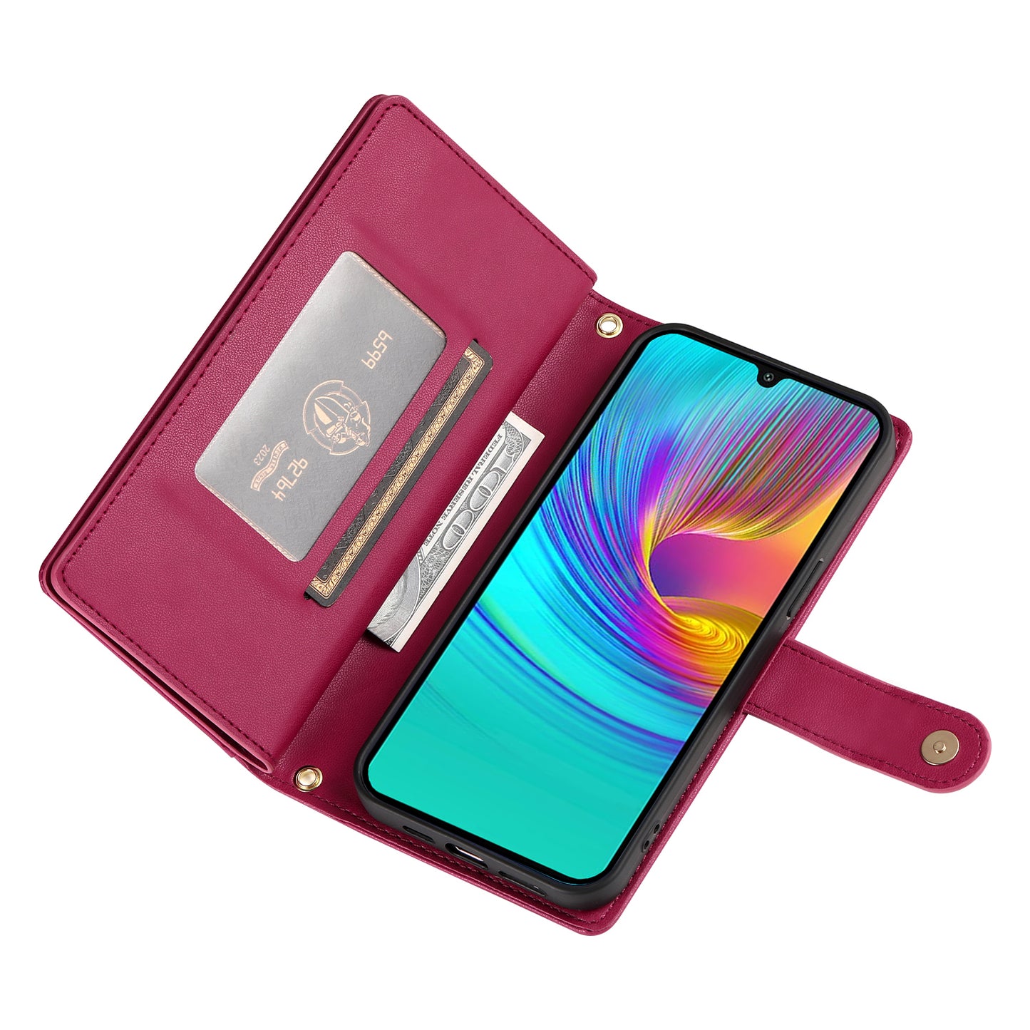 DF-011 For Samsung Galaxy A16 5G / A16 4G Case Zipper Pocket Wallet Leather Phone Cover with Straps - Red