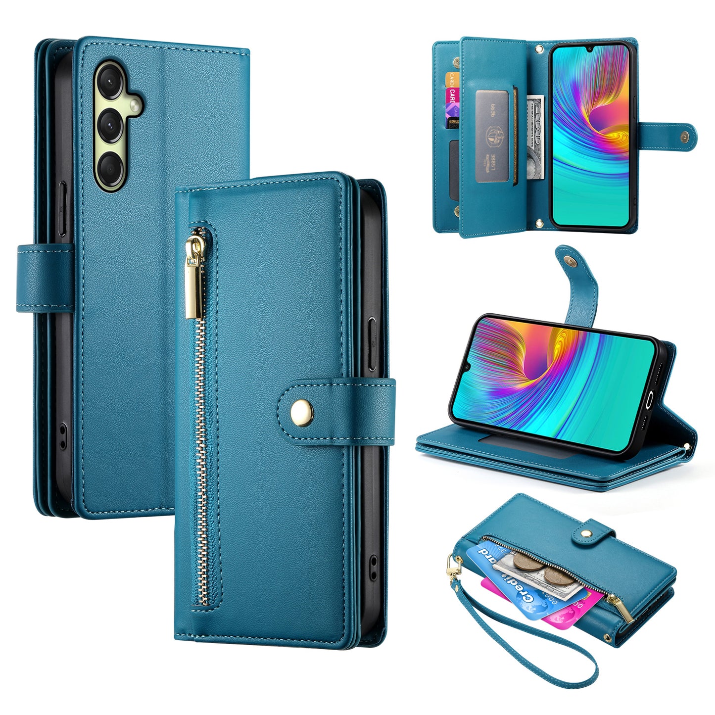 DF-011 For Samsung Galaxy A16 5G / A16 4G Case Zipper Pocket Wallet Leather Phone Cover with Straps - Blue