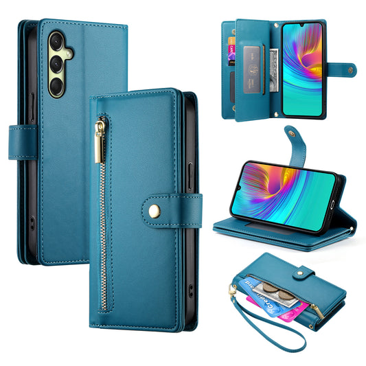 DF-011 For Samsung Galaxy A16 5G / A16 4G Case Zipper Pocket Wallet Leather Phone Cover with Straps - Blue